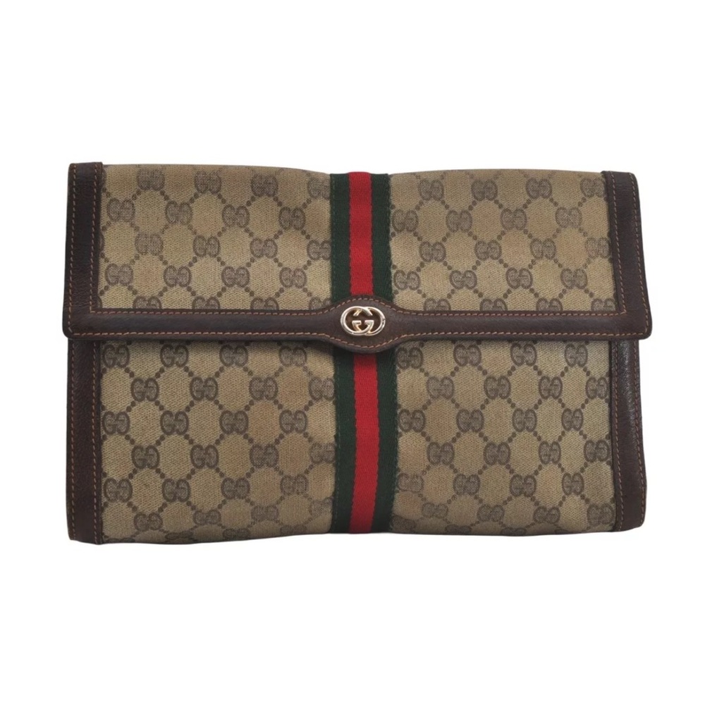 Authentic GUCCI Web Sherry Line Clutch Hand Bag -Brown Leather